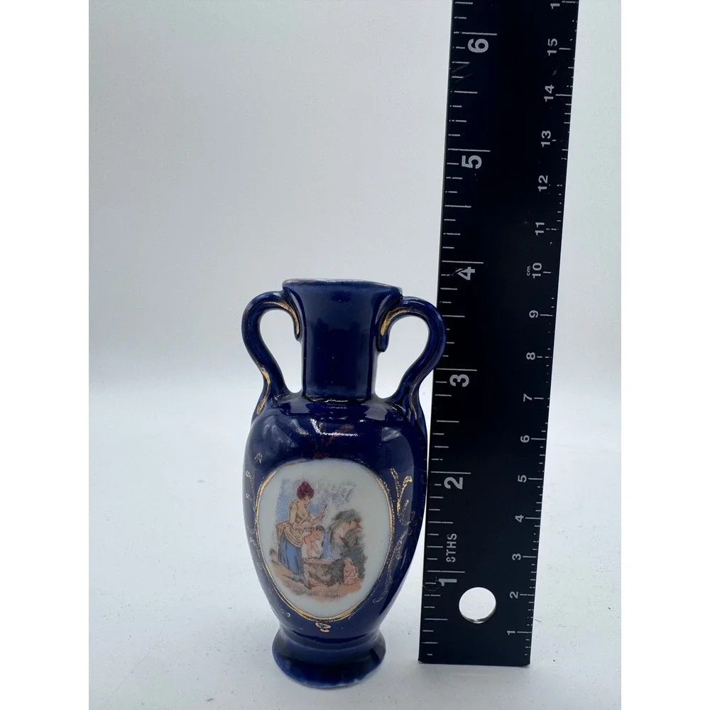 Vintage Cobalt Blue Miniature Bud Vase Classical Scene Gold Gilt Trim 4in